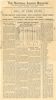 1938 Grover Cleveland Alexander Signed National League Hall of Fame Induction Bulletin Also Signed by Jack Johnson (JSA)